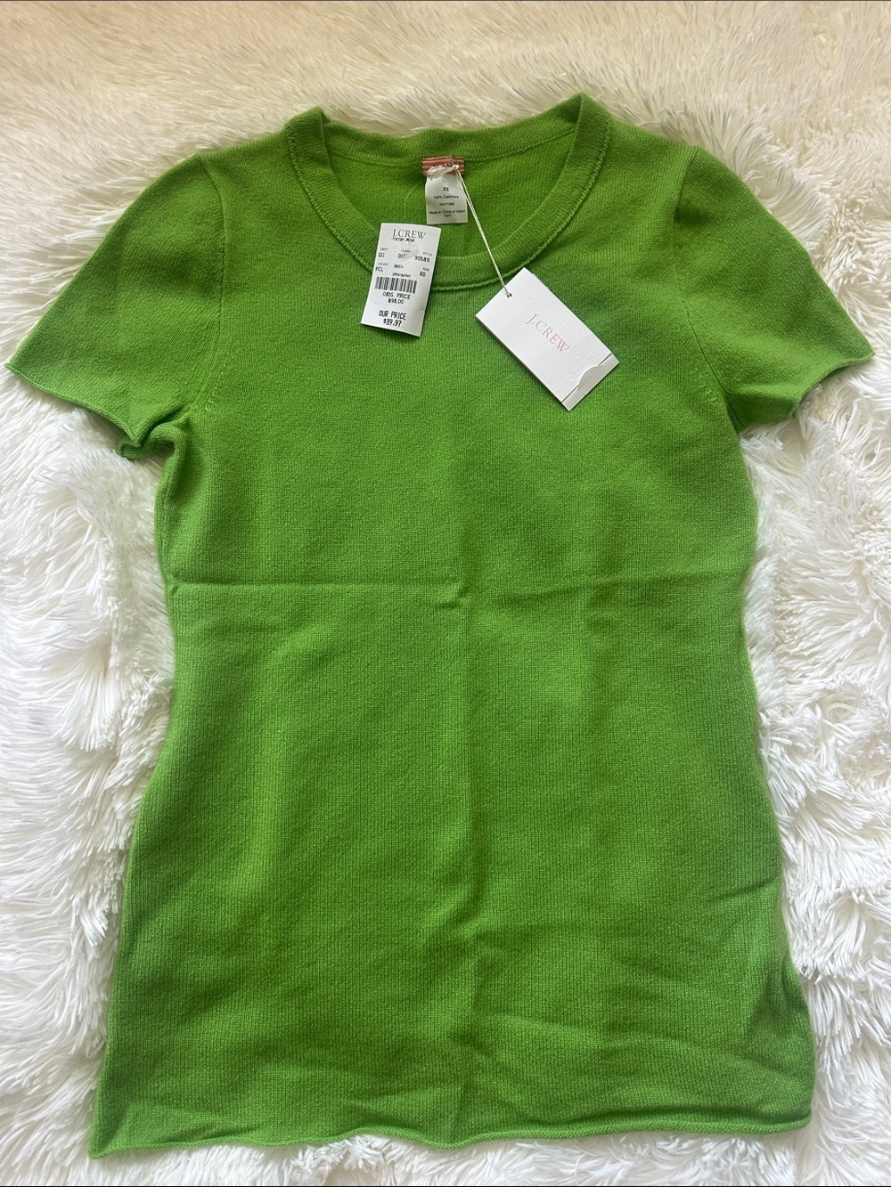 J. Crew Bright Green Short-Sleeve Knit Top 100% Cashmere